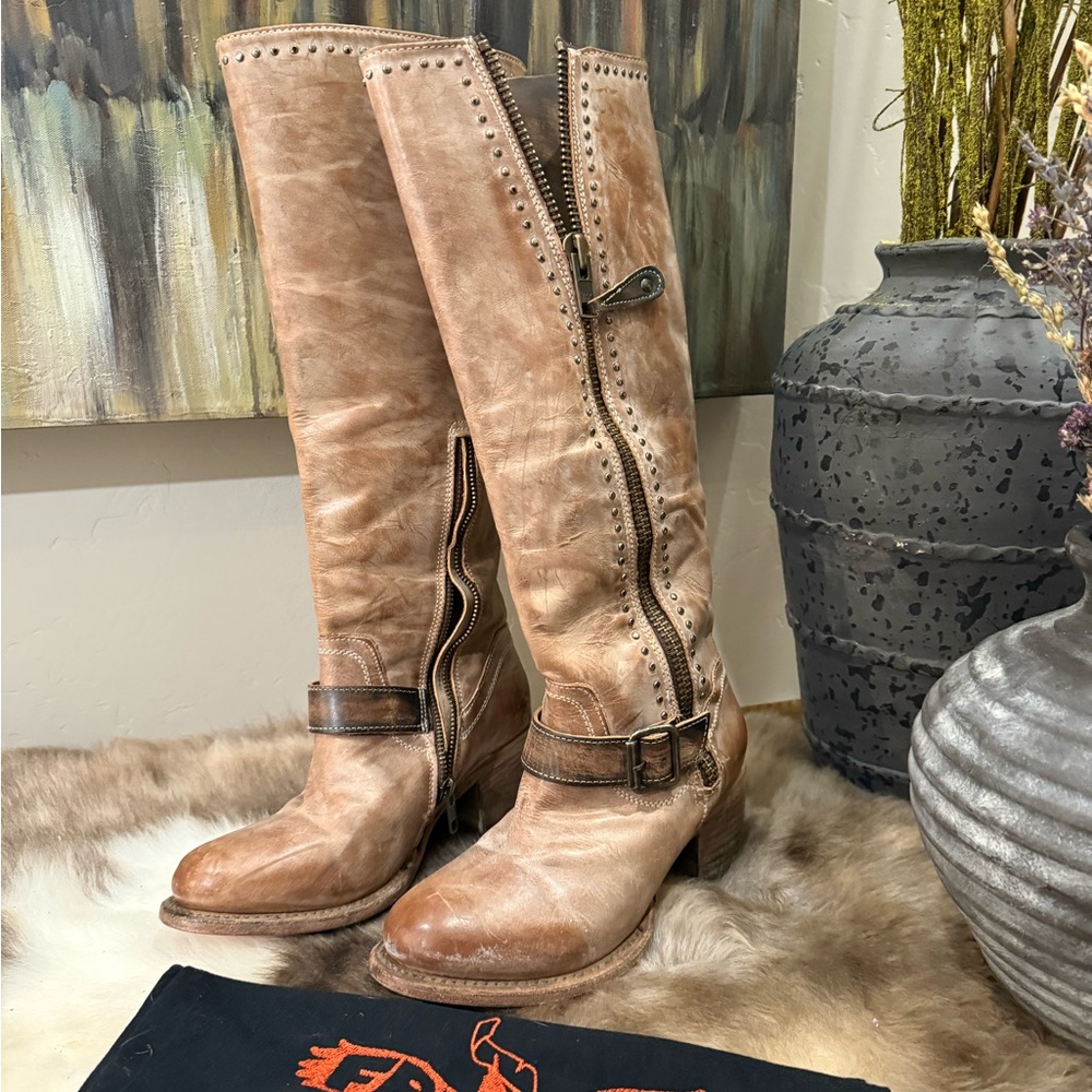 freebird Tan Leather Studded Knee-High Heeled Boots